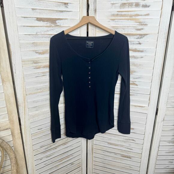 ABERCROMBIE & FITCH Y2K Bella Swan Ribbed Knit Henley Top Navy Large - Picture 7 of 16